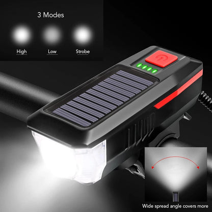 Luce Bici LED Solare USB con Clacson 120dB Impermeabile Batteria 2000mAh