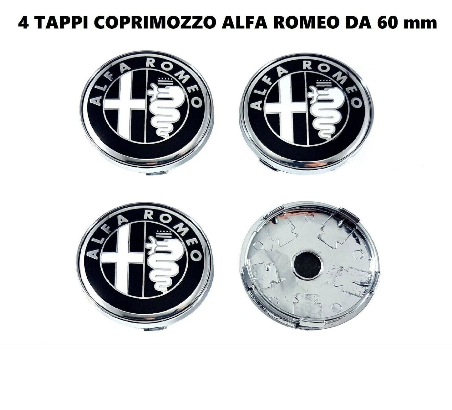 Set Tappi Coprimozzo 60mm Compatibili Con Alfa Romeo Mito Giulietta 147 159 - Kit 4 Pezzi Nero Argento Per Cerchi In Lega