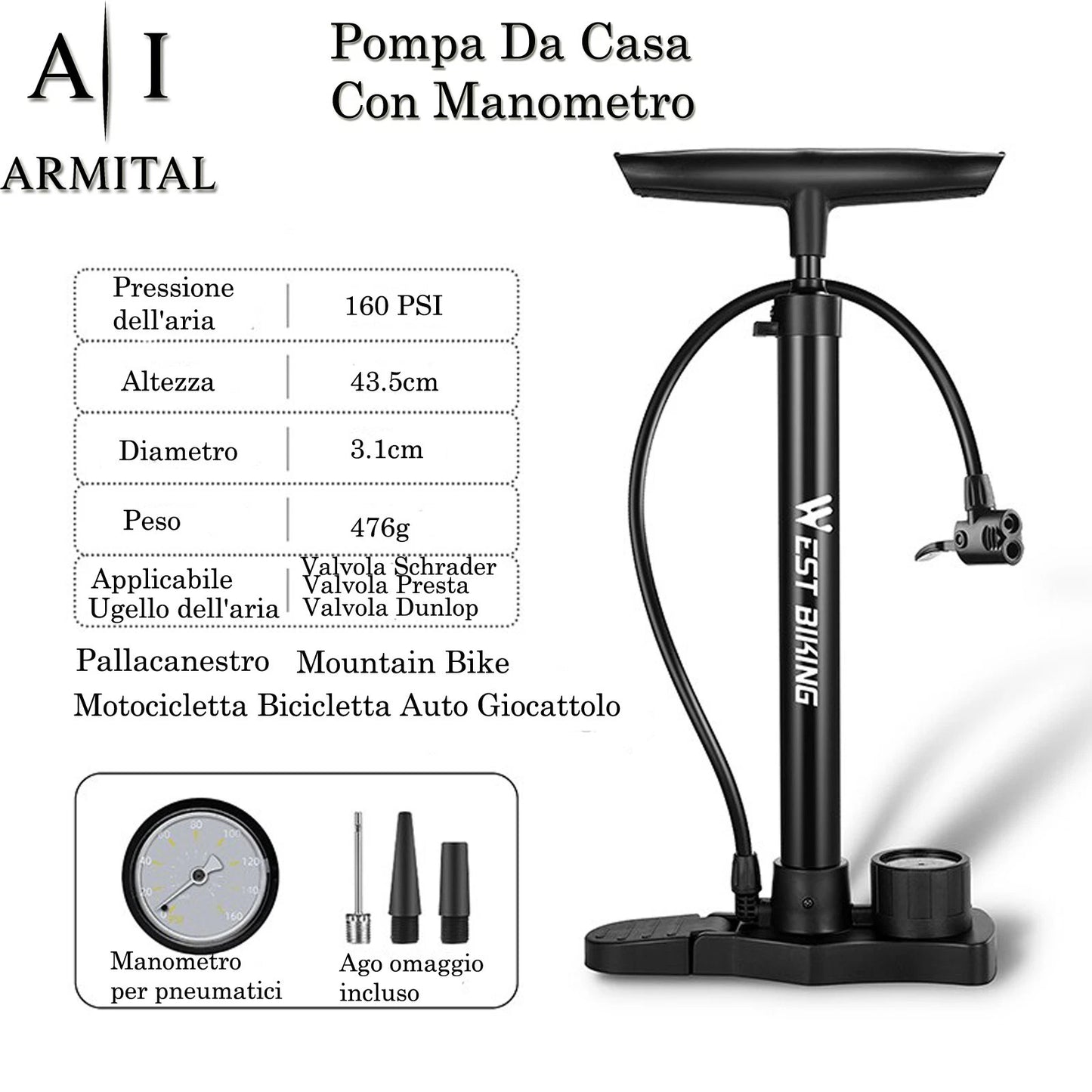 Pompa Da Terra Professionale In Alluminio 160 PSI Con Manometro Di Precisione Per Valvole Presta E Schrader Universale Bici Moto Auto