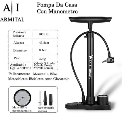Pompa Da Terra Professionale In Alluminio 160 PSI Con Manometro Di Precisione Per Valvole Presta E Schrader Universale Bici Moto Auto