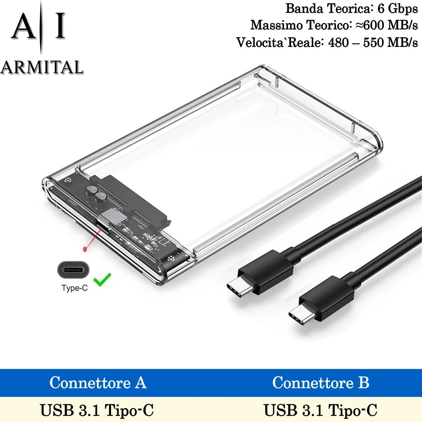 Box Esterno Trasparente 2.5 Pollici SATA USB 3.1 per HDD e SSD con Supporto UASP Installazione Senza Attrezzi