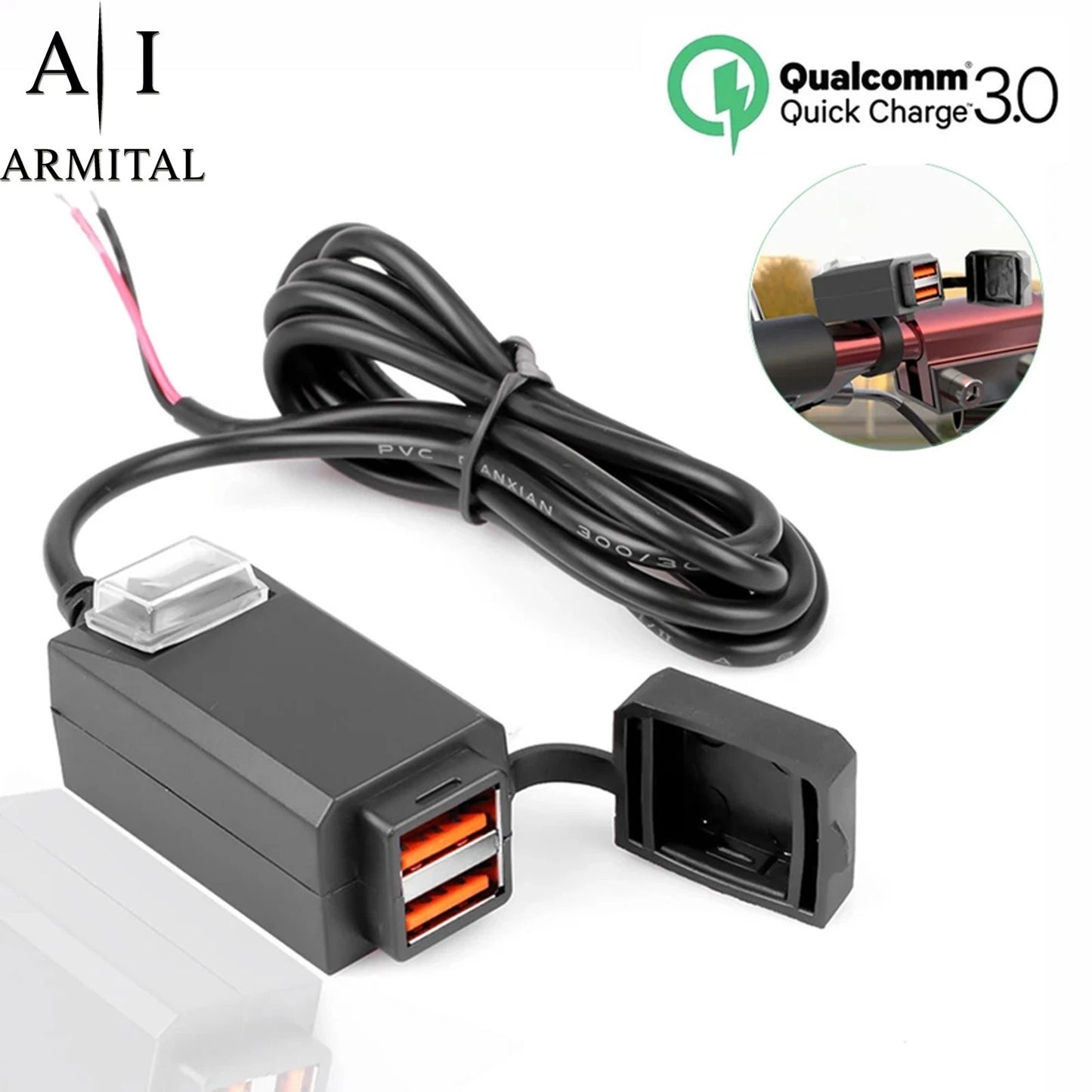 Caricatore USB Per Moto 12V QC3.0 Doppia Porta Impermeabile Con Voltmetro E Interruttore Integrato