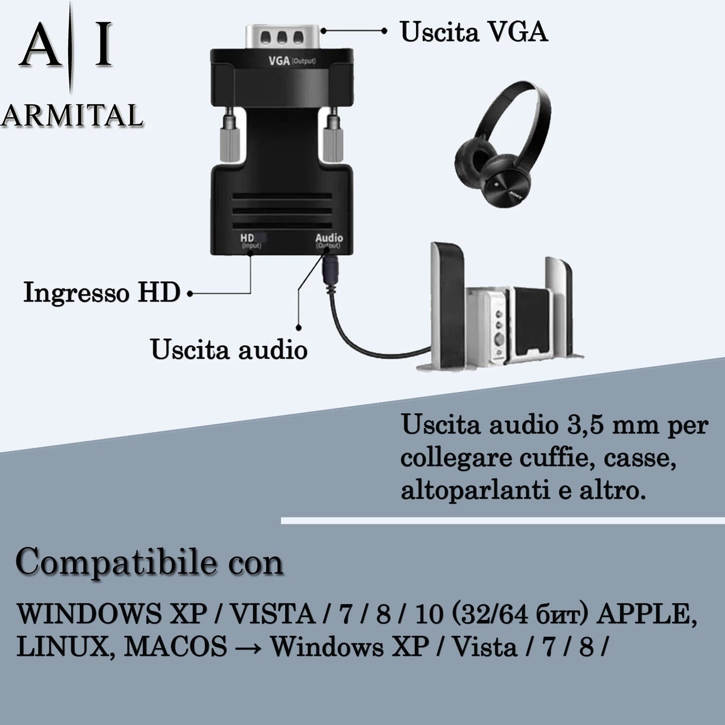 Adattatore HDMI Maschio a VGA Femmina 1080p con Uscita Audio Jack 3.5mm Nero