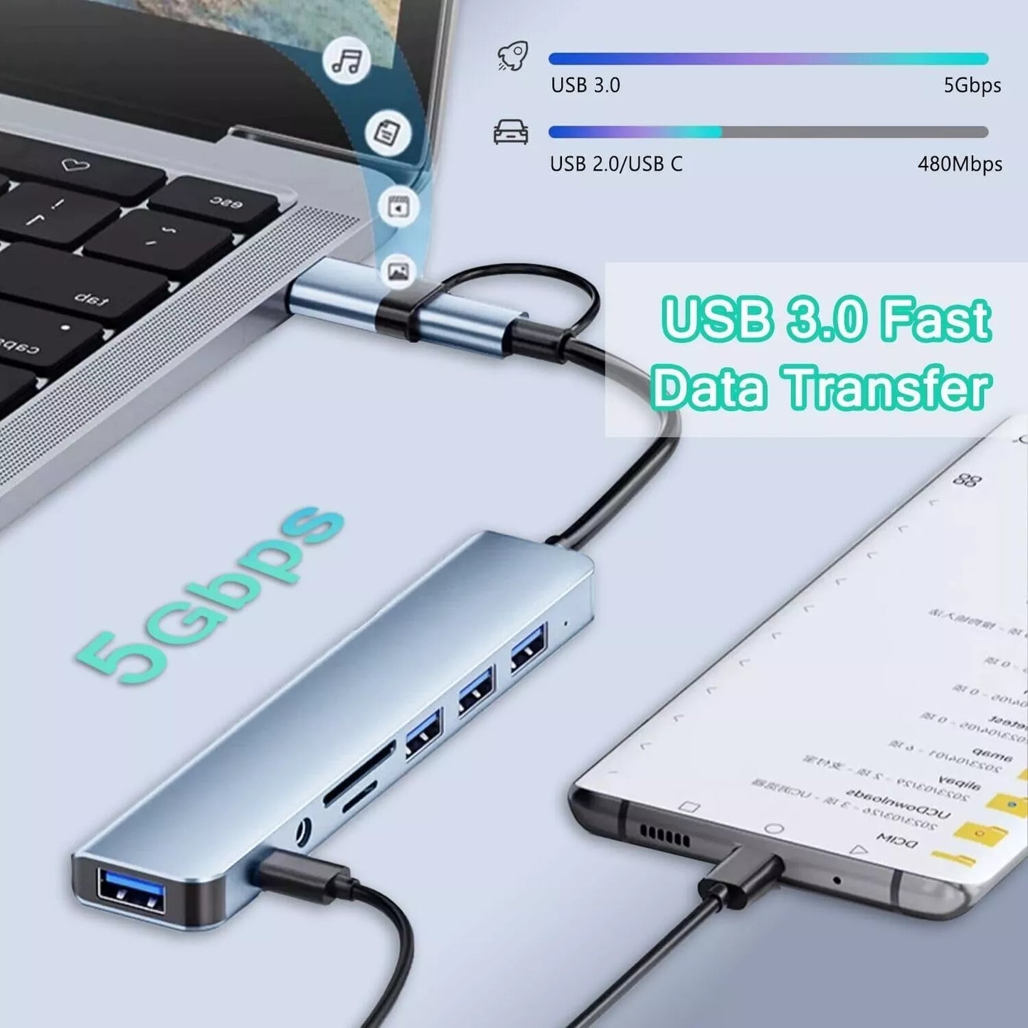 Hub USB-C 8 in 2 Docking Station Adattatore per MacBook PC USB 3.0 SD Audio