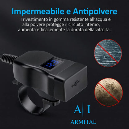 Caricatore USB Moto Impermeabile QC 3.0 e Type-C PD 30W - Presa Alimentazione 12V-24V con Voltmetro LED e Interruttore per Manubrio e Specchietto