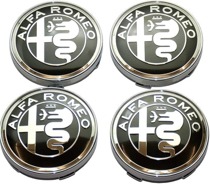 Set Tappi Coprimozzo 60mm Compatibili Con Alfa Romeo Mito Giulietta 147 159 - Kit 4 Pezzi Nero Argento Per Cerchi In Lega