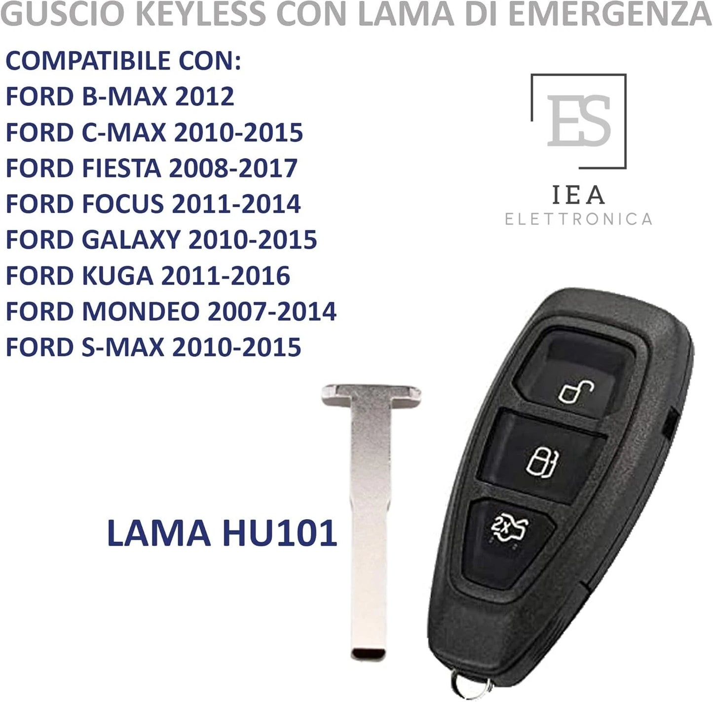 Guscio Telecomando Keyless Per Ford Fiesta Focus B-Max C-Max Kuga - Ricambio Chiave 3 Tasti Con Lama Vergine