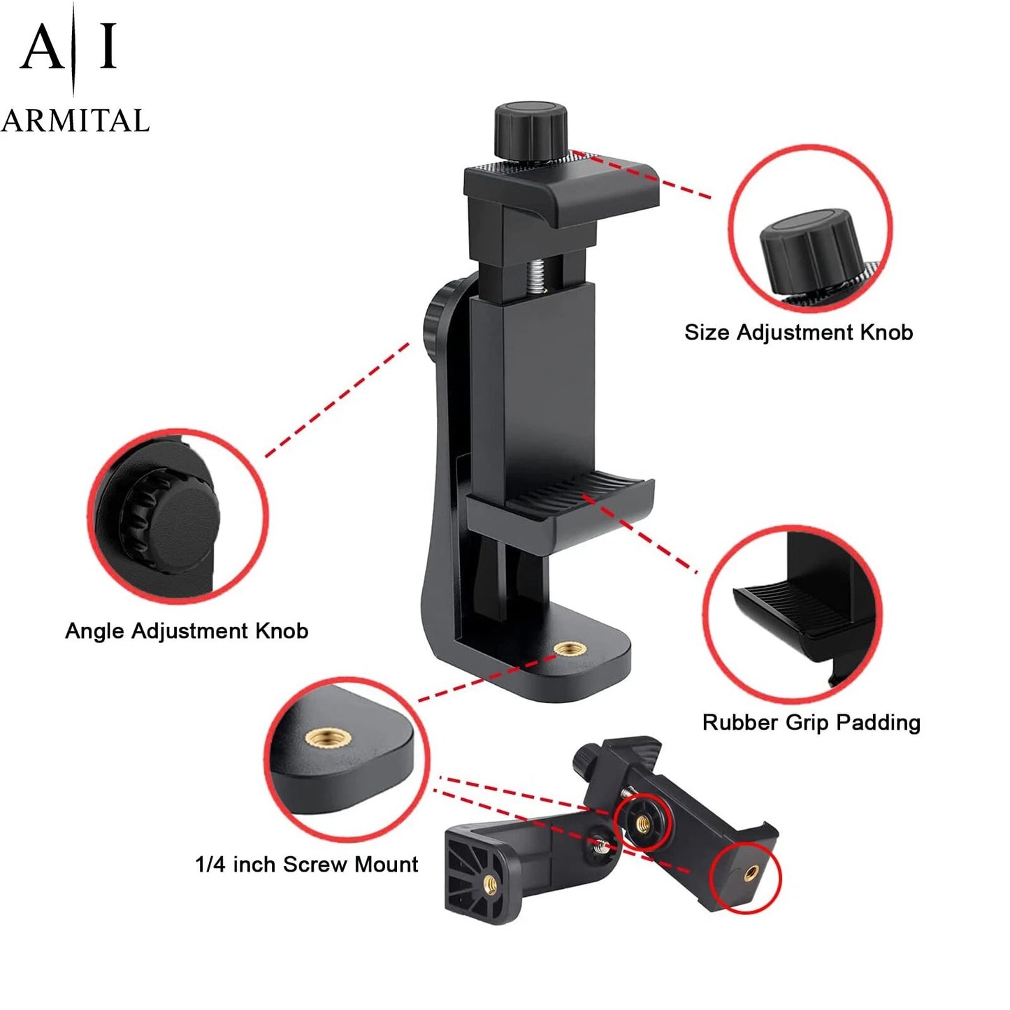 Supporto Smartphone Universale per Treppiede Rotazione 360 Gradi Attacco 1/4