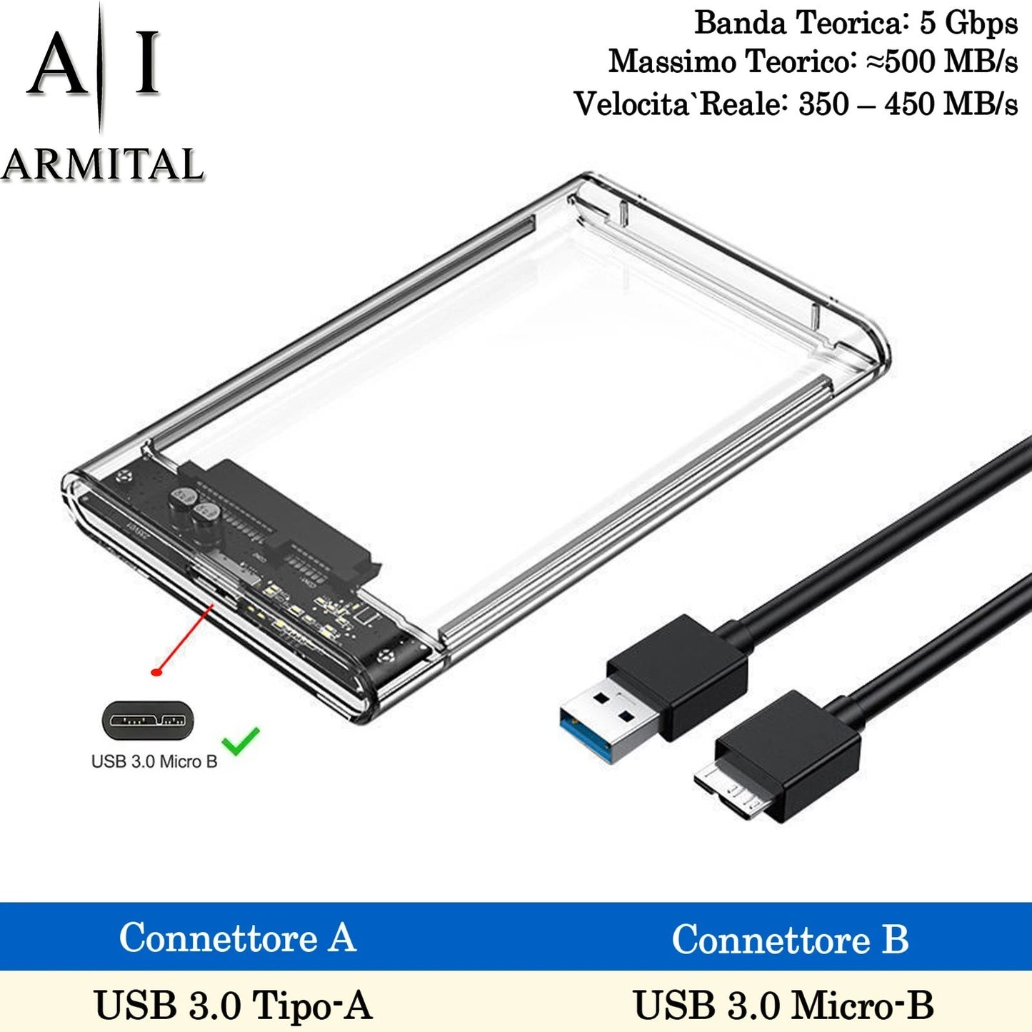 Case Esterno 2.5 SATA USB 3.0 Trasparente per SSD HDD Box con Supporto UASP