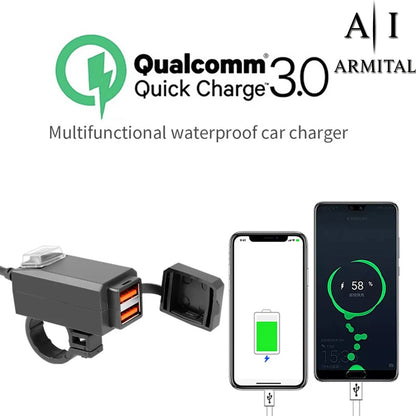 Caricatore USB Moto QC3.0 Impermeabile Doppia Porta 12V con Interruttore ON OFF