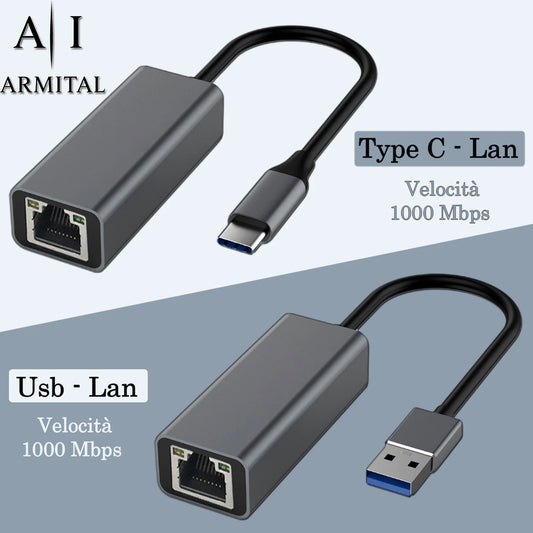 Adattatore Rete Ethernet Gigabit 1000Mbps USB Type-C o USB 3.0 a RJ45 in Alluminio Plug And Play per Connessione Internet Cablata Ultra Veloce