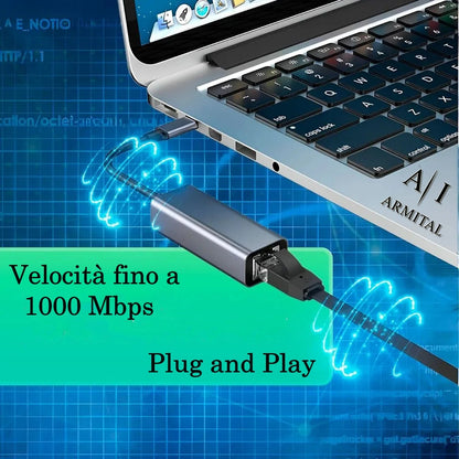 Adattatore Ethernet Gigabit 1000Mbps USB Type-C Lan RJ45 Alluminio Plug Play
