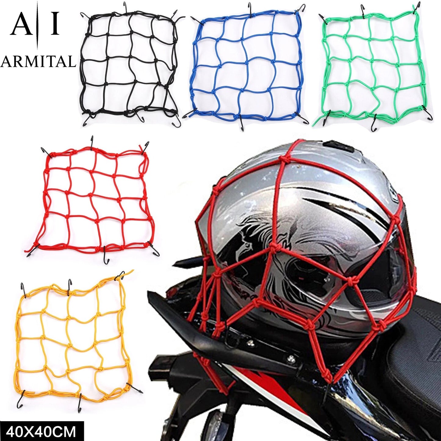 Rete Ragno Elastica Moto Universale 40x40cm Porta Casco e Bagagli con 6 Ganci Antigraffio Regolabili