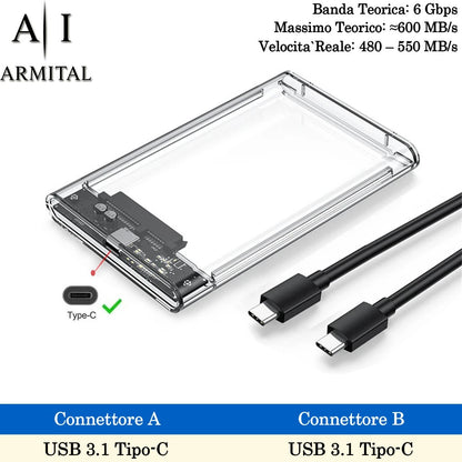 Case Esterno Trasparente HDD SSD 2.5 SATA III USB 3.0 UASP Installazione Rapida