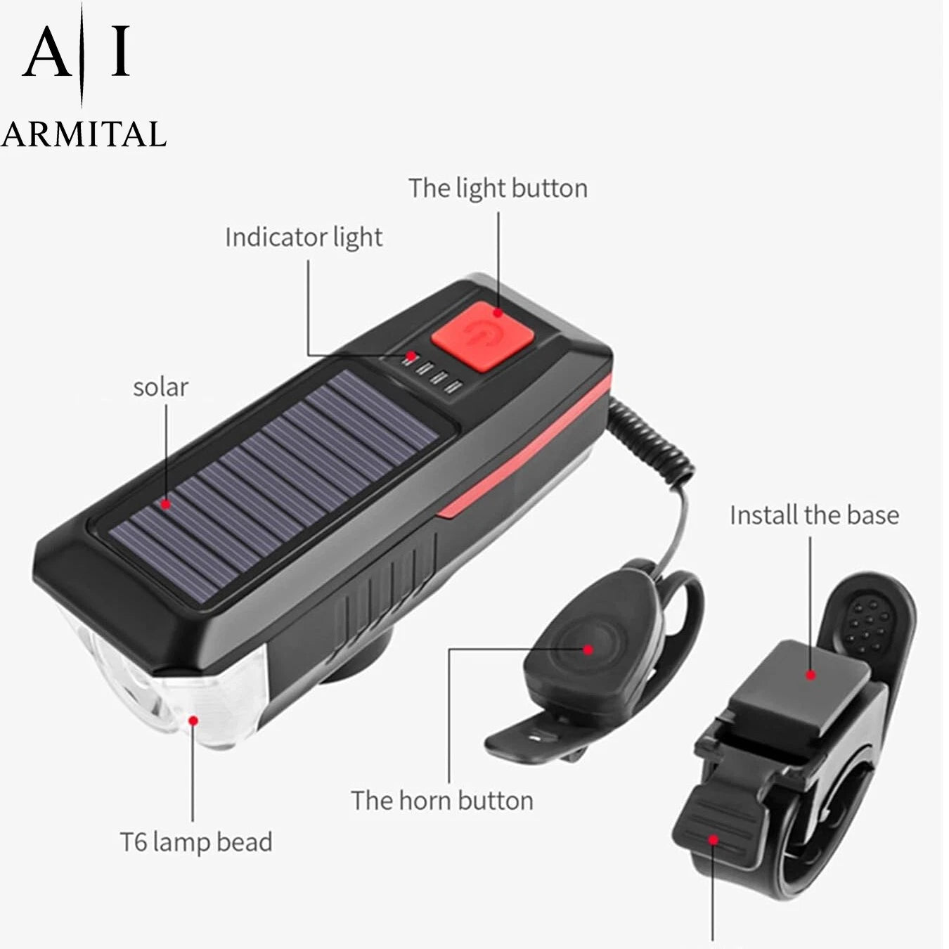 Luce Bici LED Solare USB con Clacson 120dB Impermeabile Batteria 2000mAh