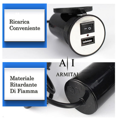 Caricatore USB Moto Universale 12V 24V Impermeabile IP65 Ricarica Rapida con Interruttore ON/OFF per Smartphone e GPS