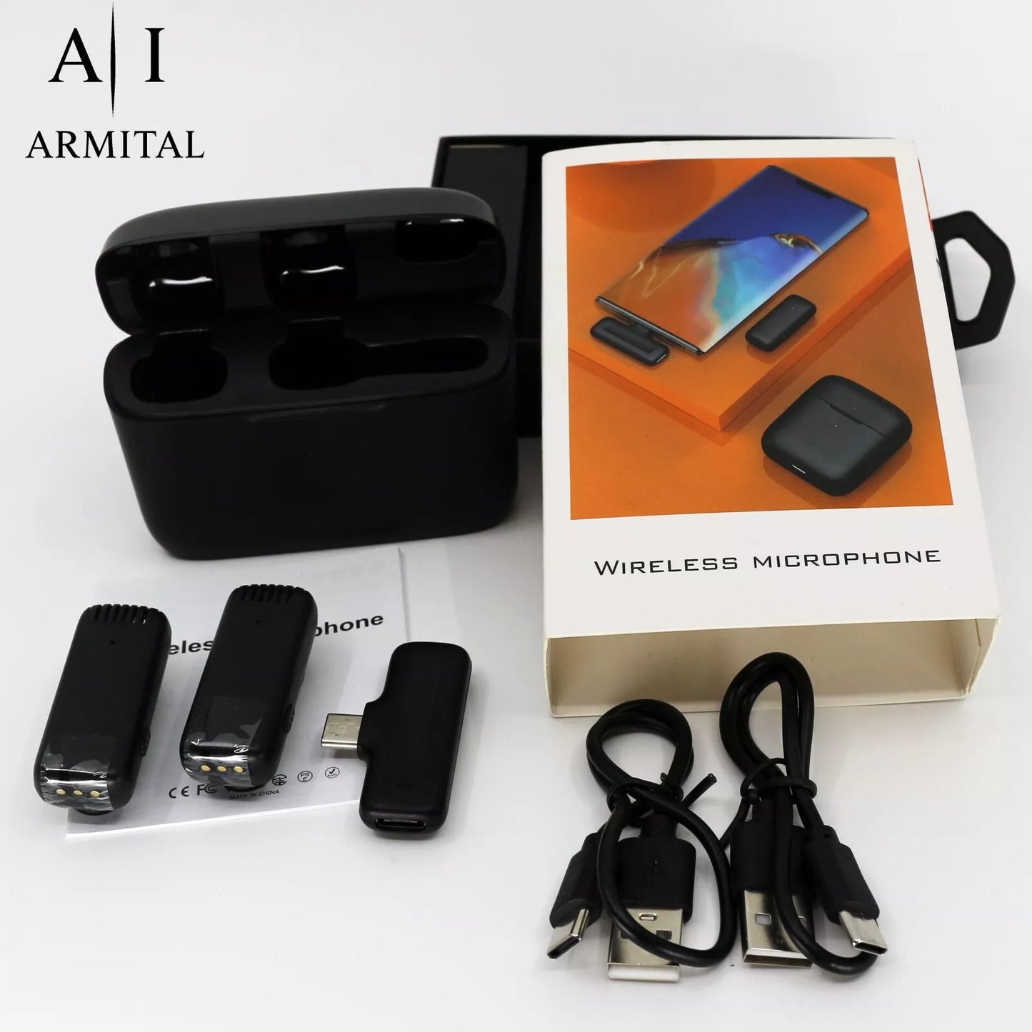 Microfono Lavalier Wireless Professionale Doppio con Custodia Ricarica USB-C