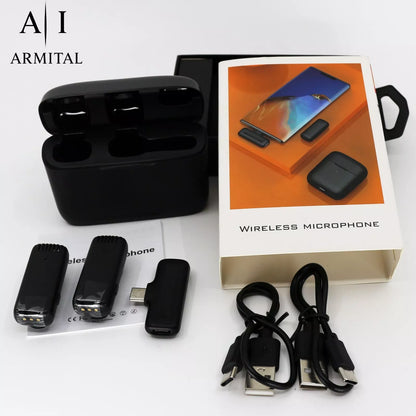 Microfono Lavalier Wireless Professionale Doppio con Custodia Ricarica USB-C
