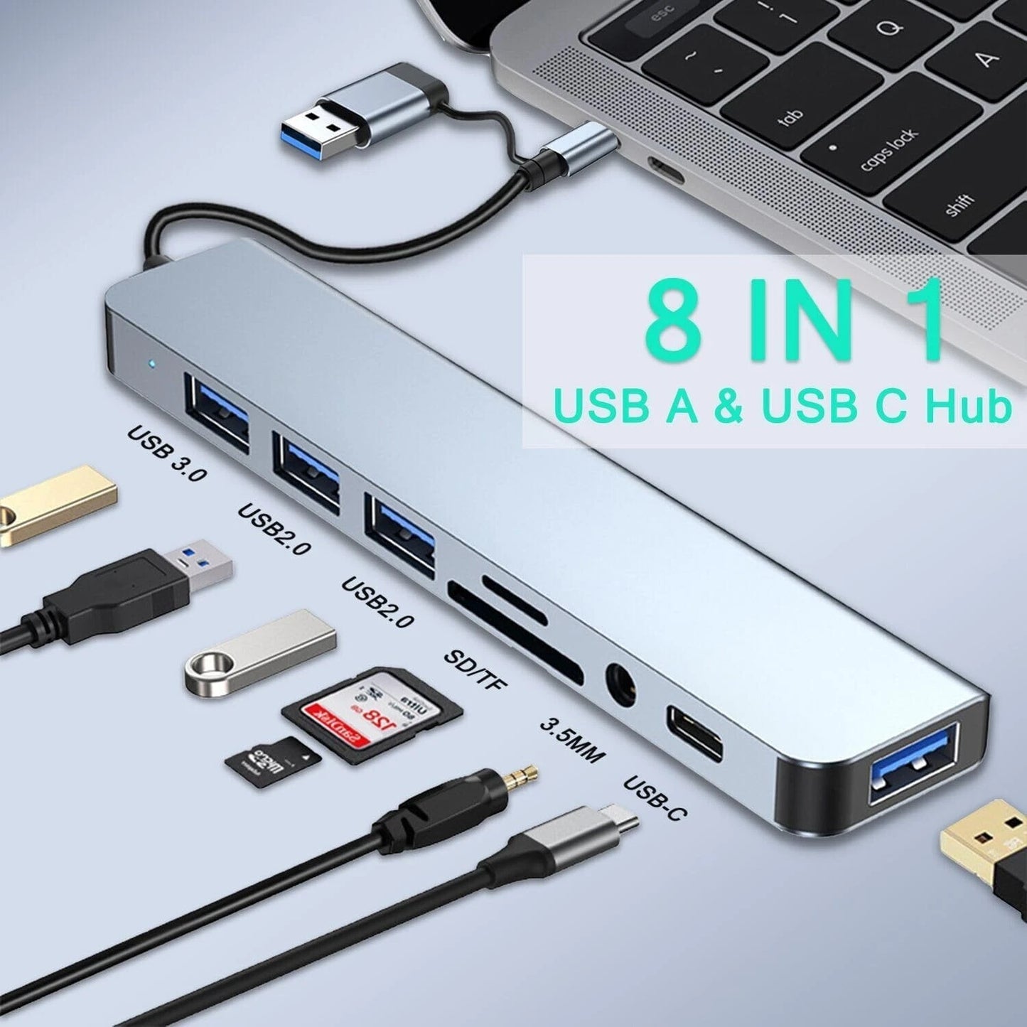 Hub USB-C 8 in 2 Docking Station Adattatore per MacBook PC USB 3.0 SD Audio
