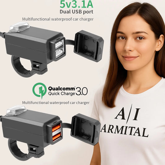 Caricatore USB Per Moto 12V QC3.0 Doppia Porta Impermeabile Con Voltmetro E Interruttore Integrato