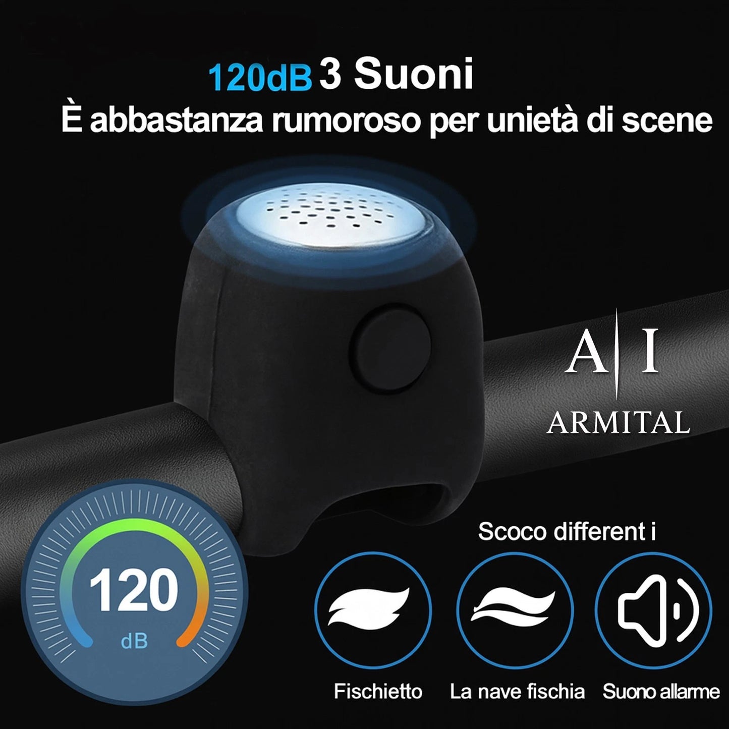 Clacson Elettrico per Bici e Monopattino 120dB Impermeabile in Silicone con 3 Suoni e Gancio Universale