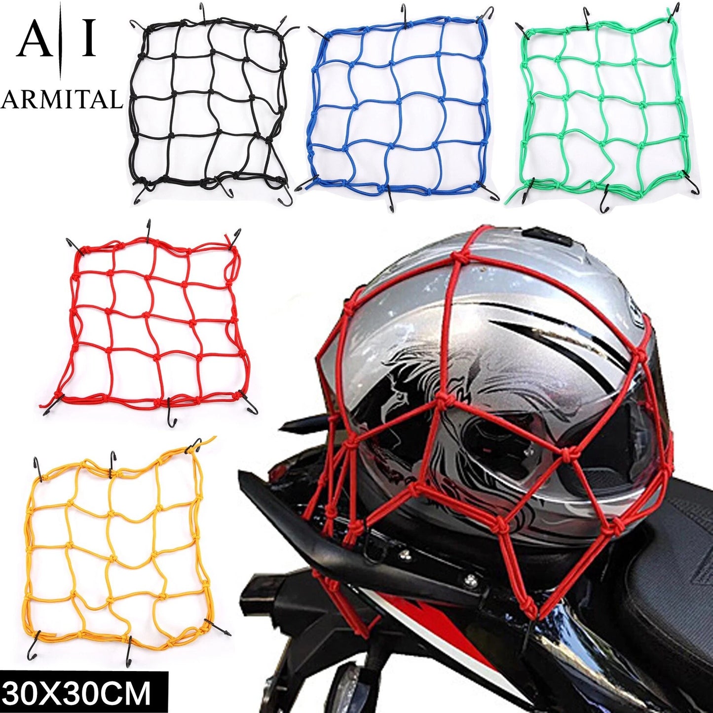 Rete Ragno Elastica Moto Universale 30x30cm Porta Casco e Bagagli con 6 Ganci Gommati Antigraffio Alta Resistenza