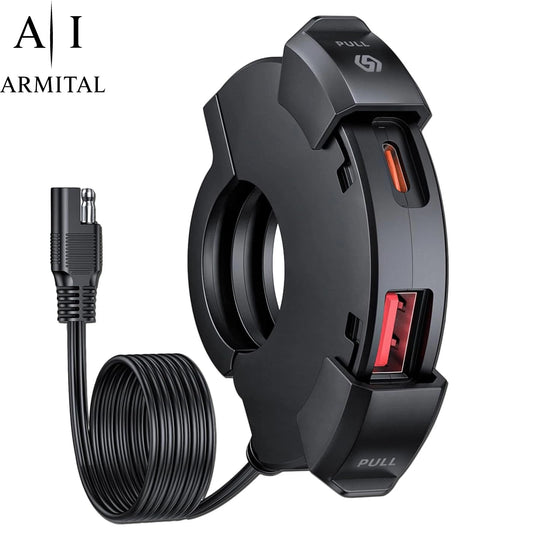 Caricatore Moto Professionale USB-C PD 30W e USB-A QC 3.0 Impermeabile IP65 - Presa Ricarica Rapida per Manubrio 22mm - Alimentatore Universale Smartphone per Moto e Quad