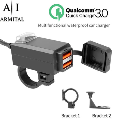Caricatore USB Per Moto 12V QC3.0 Doppia Porta Impermeabile Con Voltmetro E Interruttore Integrato