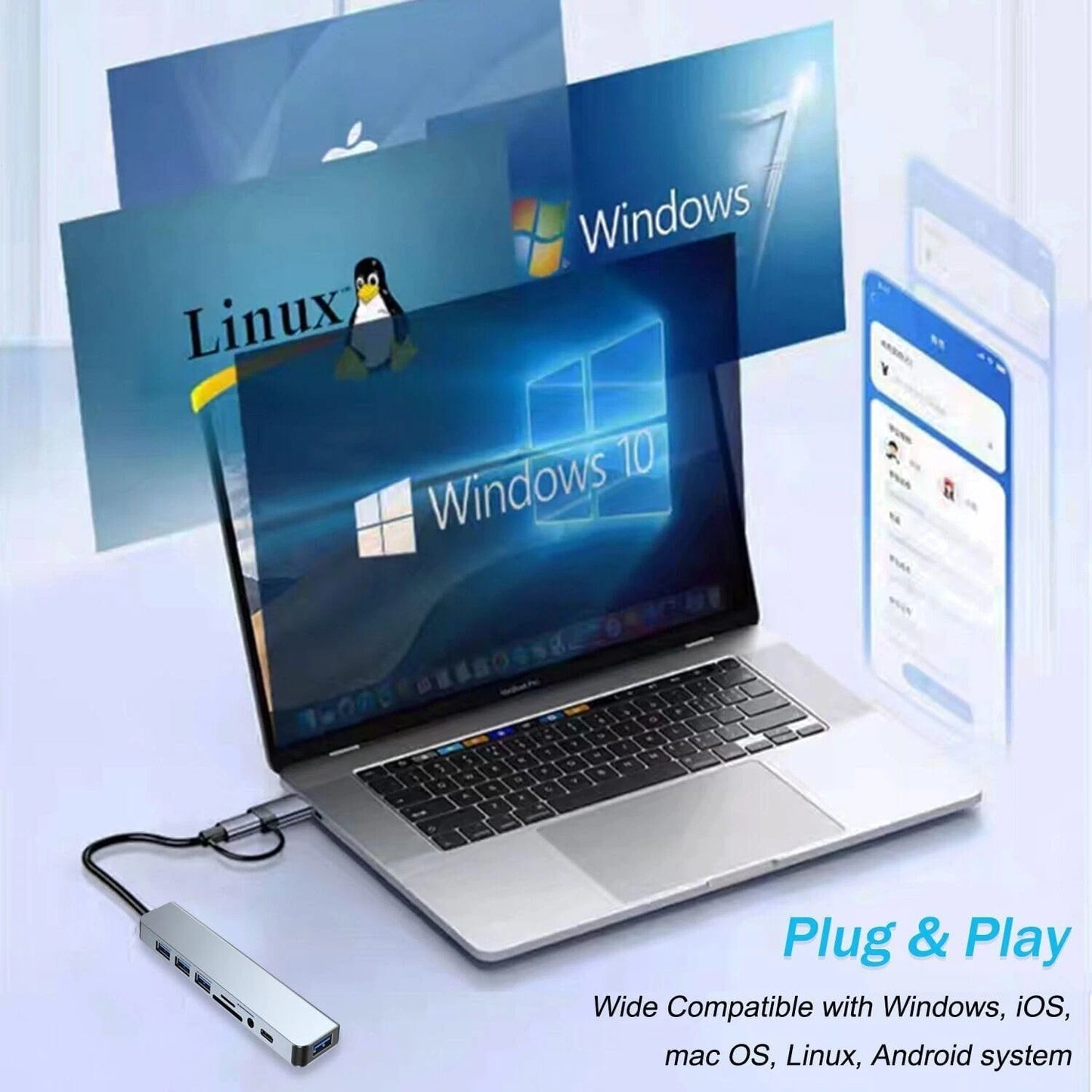 Hub USB-C 8 in 2 Docking Station Adattatore per MacBook PC USB 3.0 SD Audio