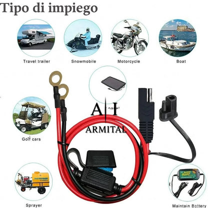 Cavo SAE 2 Pin 12V con Terminali ad Anello e Fusibile 10A per Moto e Auto