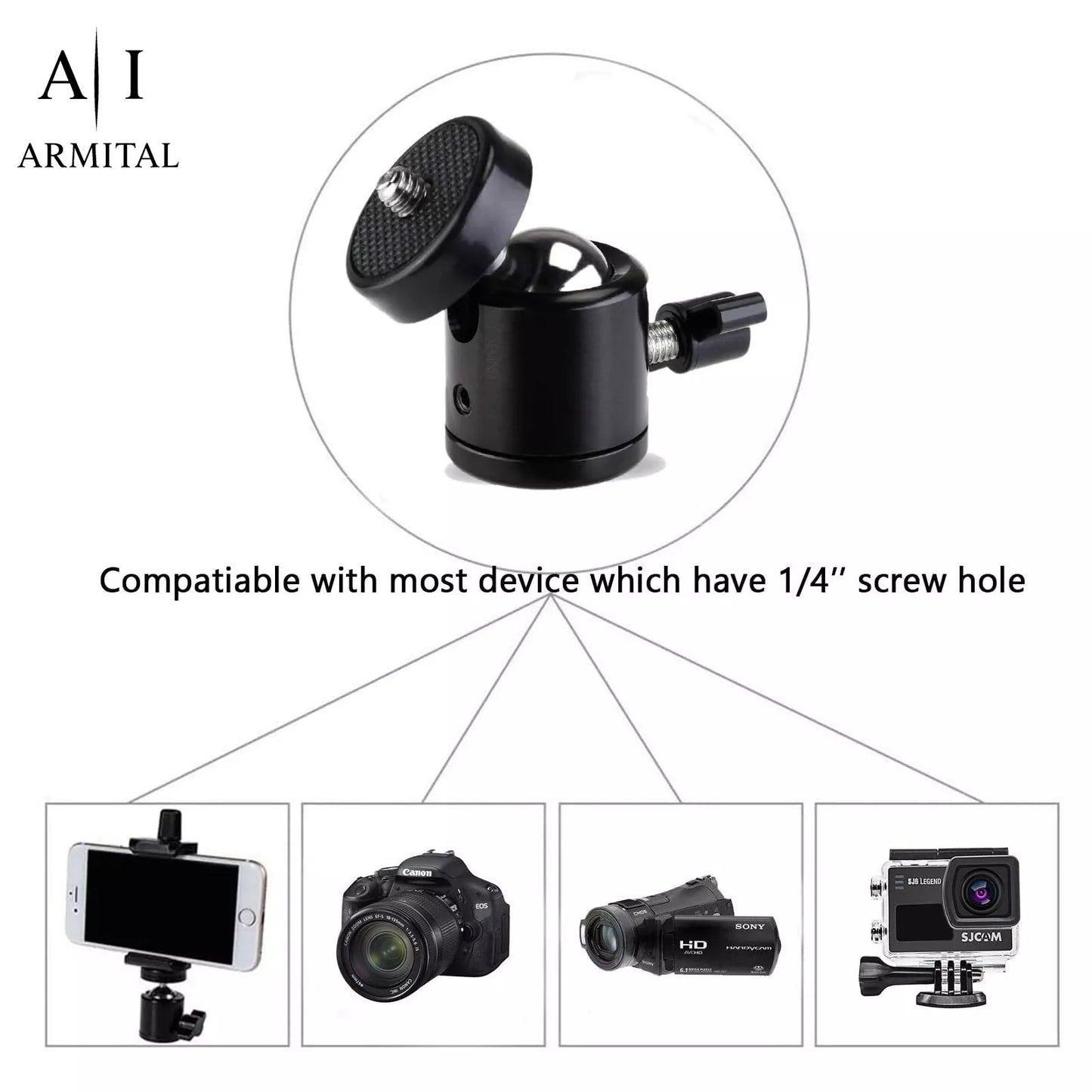 Supporto Mini Testa a Sfera 360 Gradi Filettatura 1/4 Adattatore Hot Shoe Nero