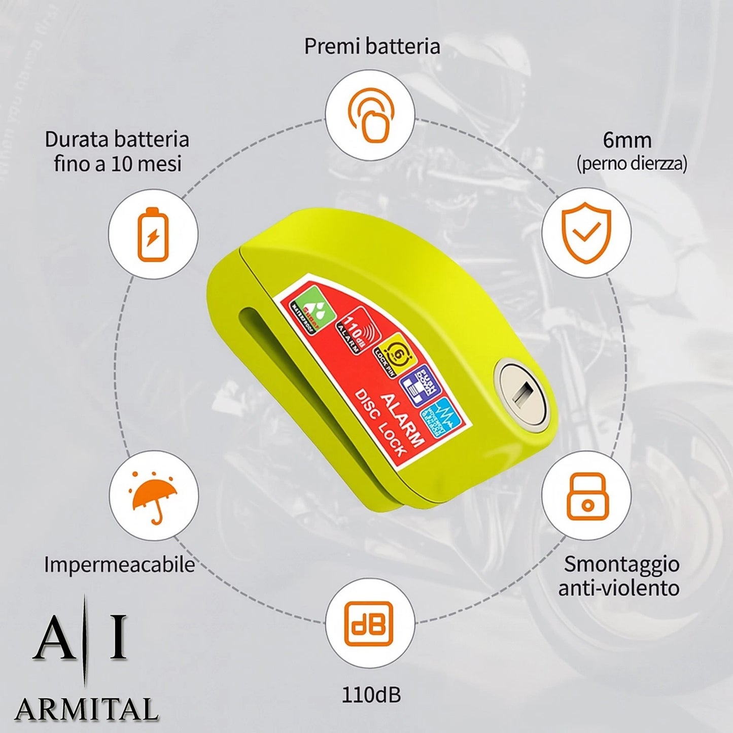 Lucchetto Bloccadisco Antifurto Universale Per Moto Scooter E Bici Con Allarme Sonoro 110dB In Lega Di Alluminio Impermeabile