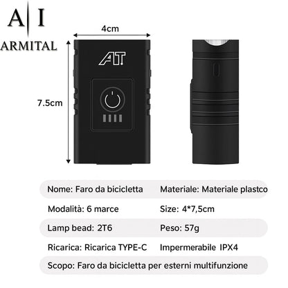 Faro Bici LED T6 Ricaricabile USB-C Impermeabile 6 Modalità Luce Anteriore