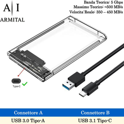 Case Esterno 2.5 SATA USB 3.1 Trasparente per HDD SSD con Supporto UASP