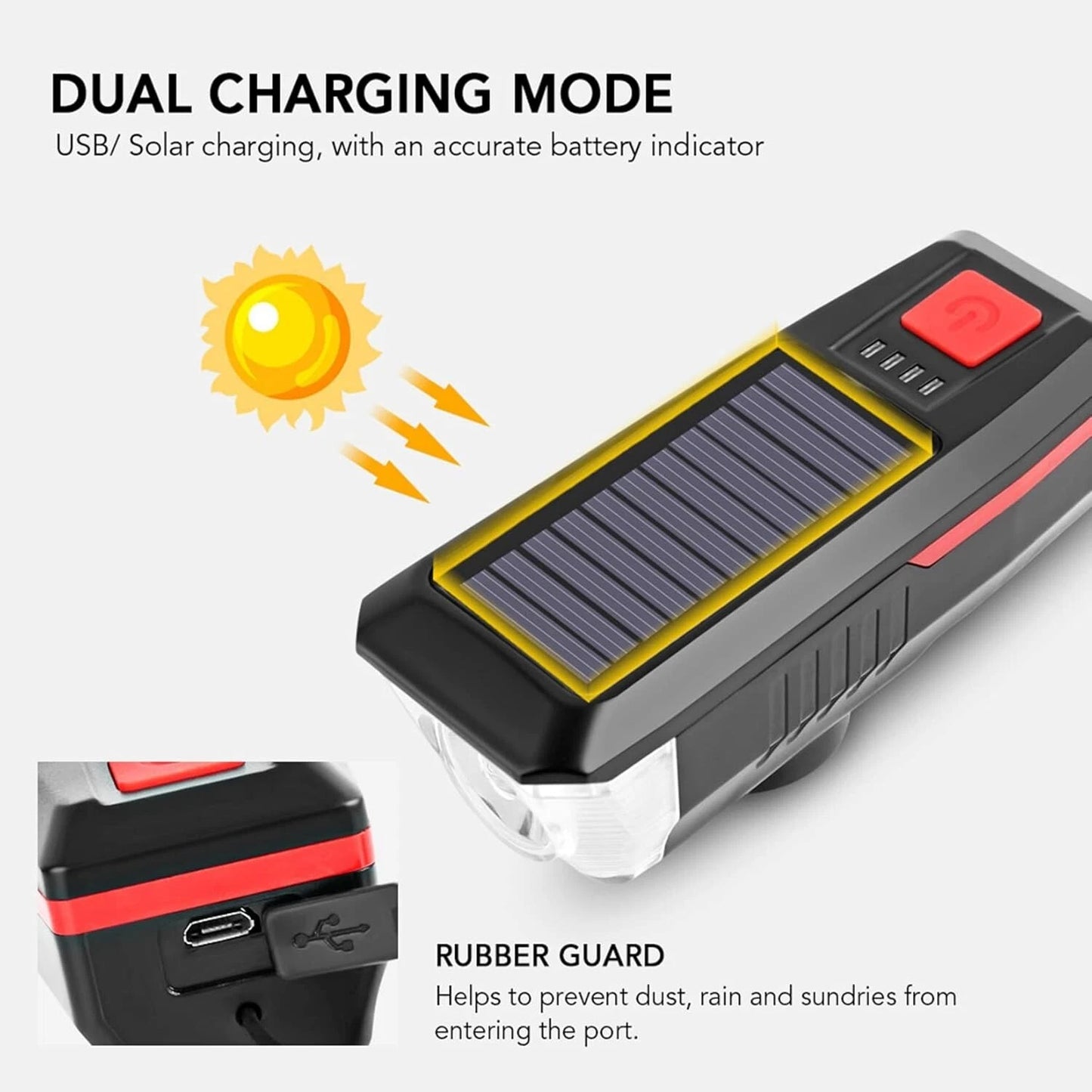 Luce Bici LED Solare USB con Clacson 120dB Impermeabile Batteria 2000mAh
