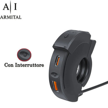 Caricatore Moto USB C e QC3.0 48W Impermeabile IP65 - Presa Ricarica Rapida PD 30W per Manubrio Moto e ATV 12V 24V