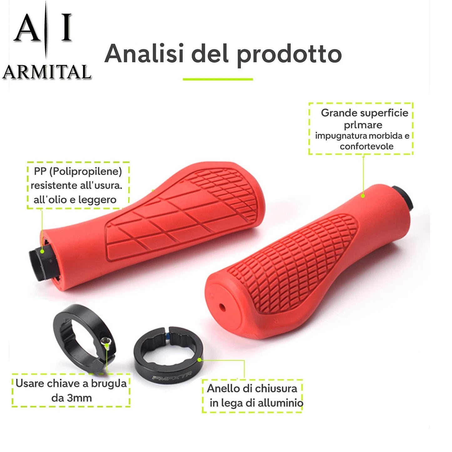 Coppia Manopole MTB Ergonomiche Antiscivolo in Gomma TPR con Doppio Bloccaggio in Alluminio Universali per Bicicletta Mountain Bike BMX e City Bike